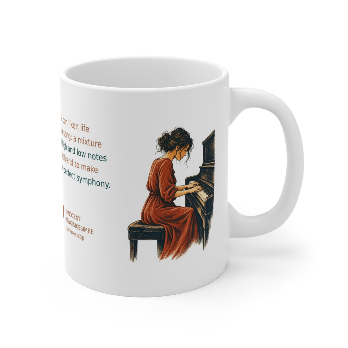 White Life as a Song mug, handle on the right, featuring an orange-clad piano player.