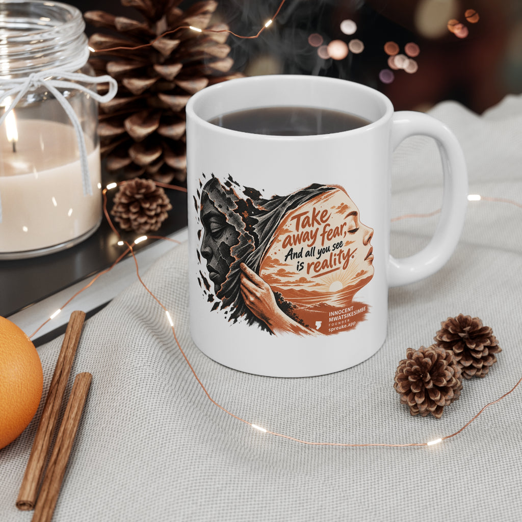 Take Away Fear white ceramic mug filled with a drink, handle on the right, beside a candle, pinecones and string lights.
