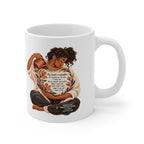 My Heart Is Valuable white ceramic mug, handle on the right, showing a seated woman tending flowers around a heart-shaped area.