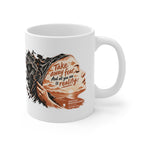 Take Away Fear white ceramic mug, handle on the right, showing a hand drawing back a cracked mask beside a face filled with a sunlit landscape.