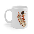 Finite Time white ceramic mug, handle on the left, showing a figure walking along a fragmenting path.