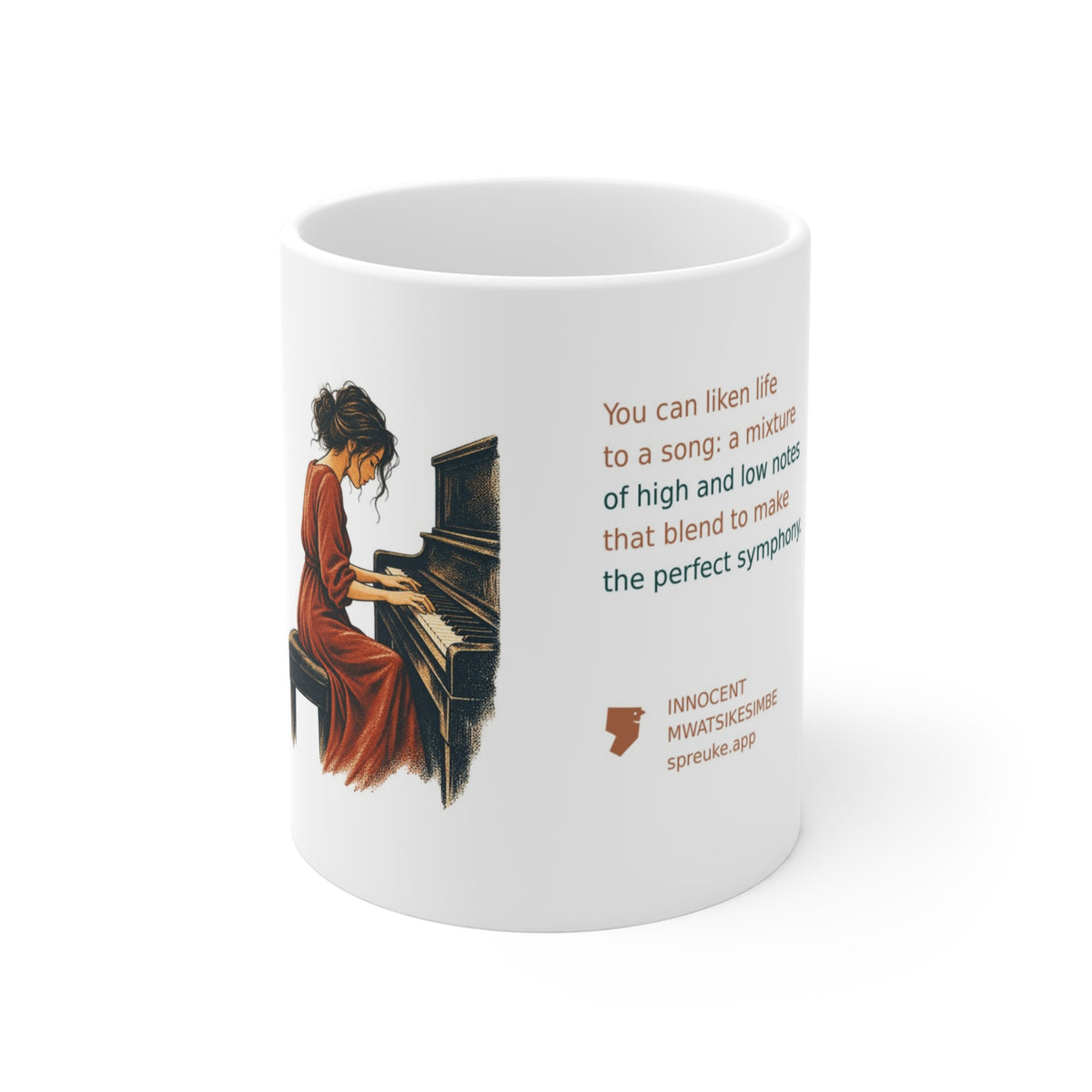 White Life as a Song mug with the handle hidden, showing a piano player beside the quote.