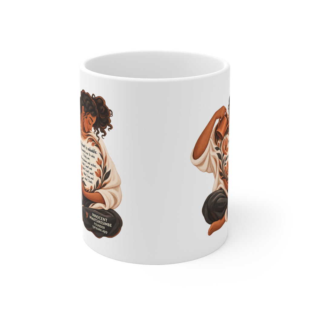 My Heart Is Valuable white ceramic mug, handle hidden, with a blank center and partial artwork visible at both edges.