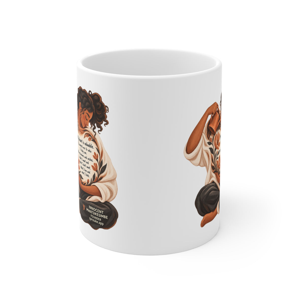 My Heart Is Valuable white ceramic mug, handle hidden, with a blank center and partial artwork visible at both edges.