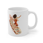 Finite Time white ceramic mug, handle on the right, showing a figure walking along a fragmenting path.