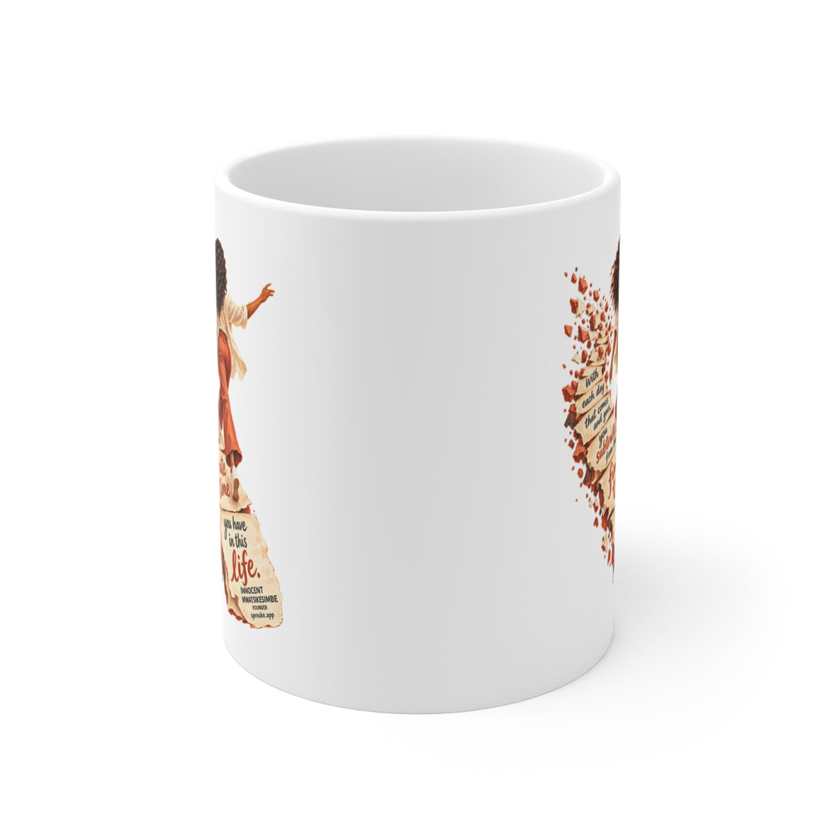 Finite Time white ceramic mug, handle hidden, with a blank center and partial artwork visible at both edges.