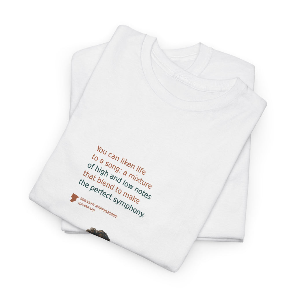 Folded white Life as a Song T-shirt showing part of the printed design.