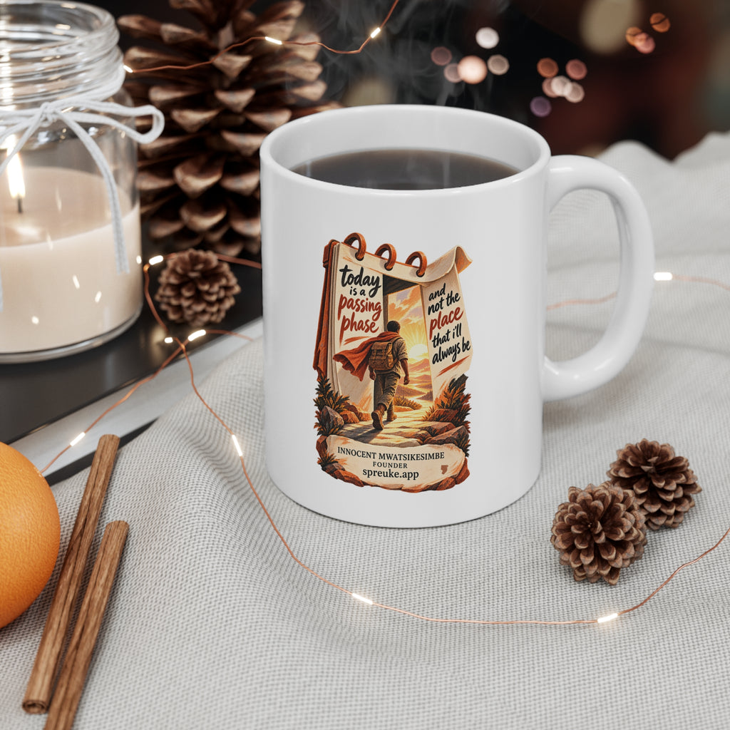 Today Is a Passing Phase white ceramic mug filled with a drink, handle on the right, beside a candle, pinecones and string lights.