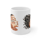 Take Away Fear white ceramic mug, handle hidden, with a blank center and partial artwork visible at both edges.