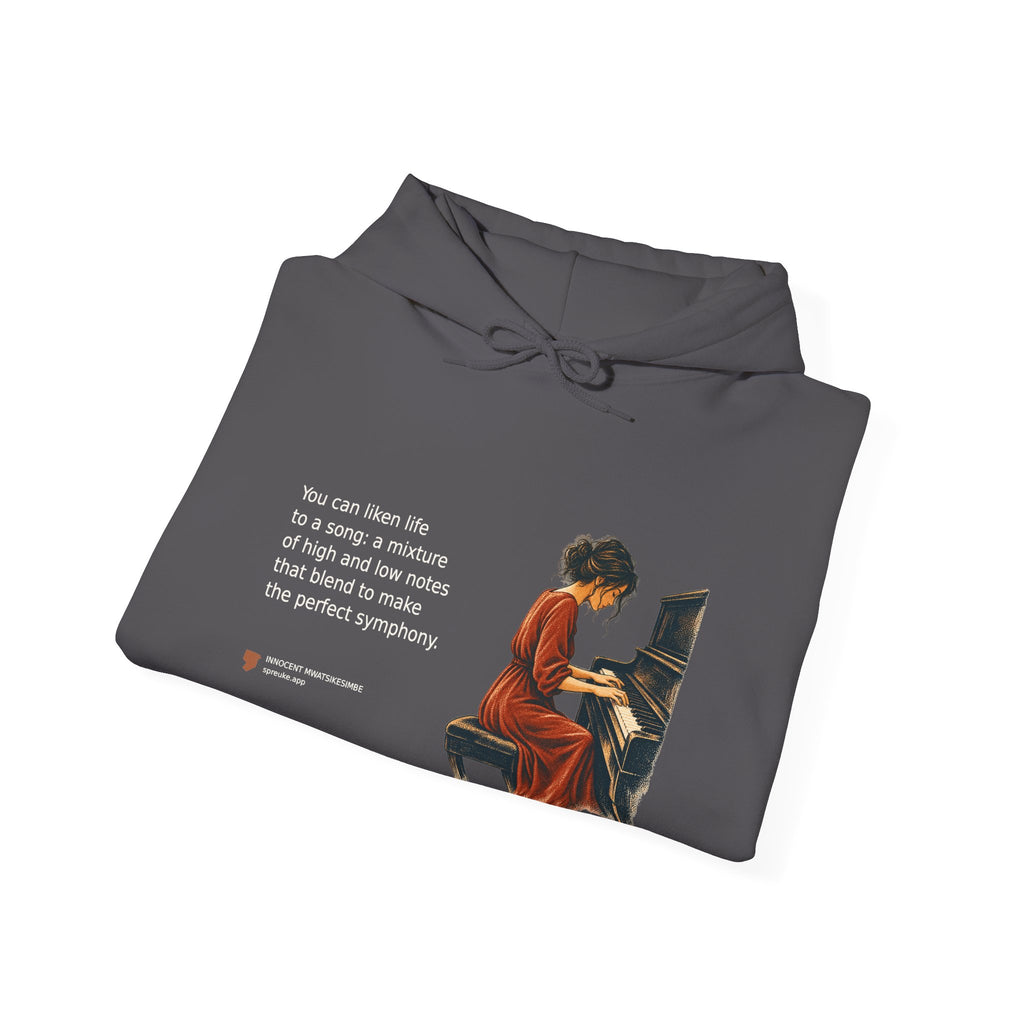 Folded Charcoal Life as a Song hoodie showing the printed design.