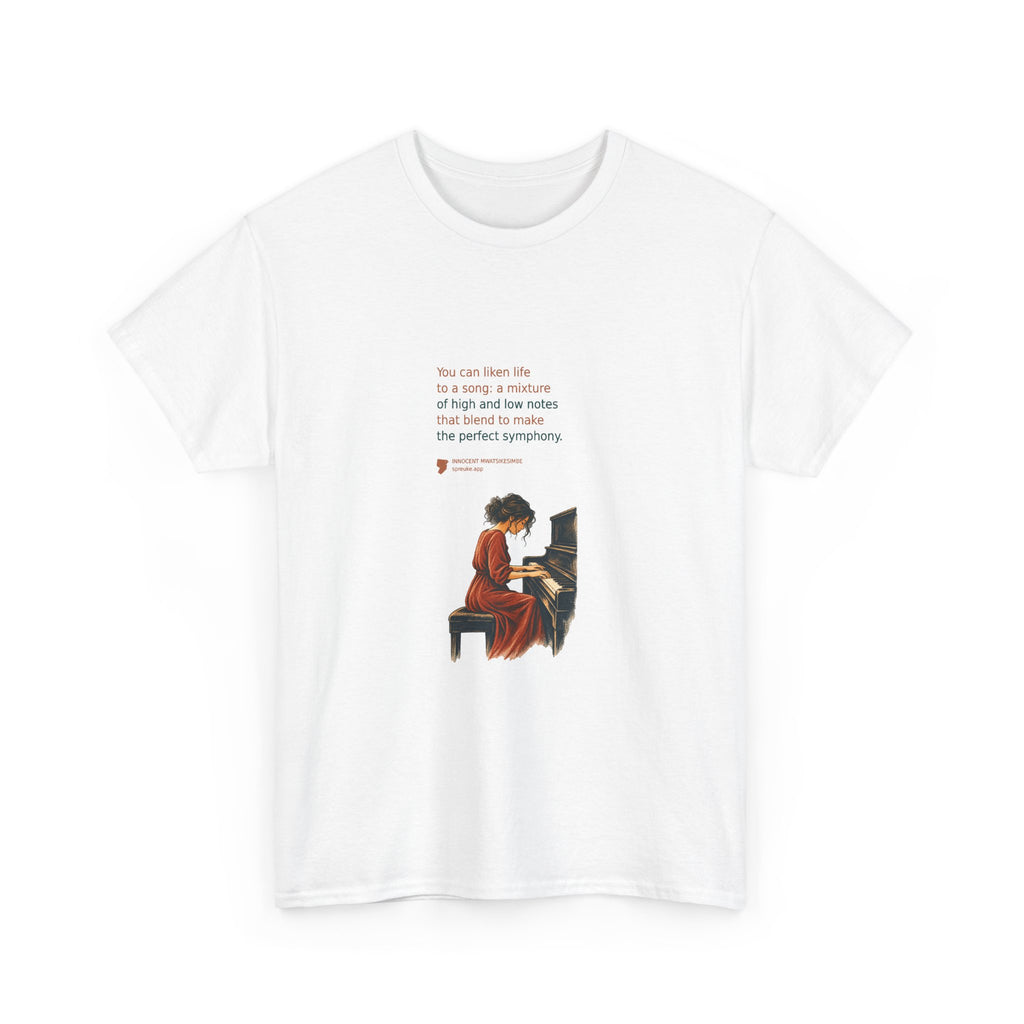 White Life as a Song T-shirt, front view, featuring an orange-clad piano player.