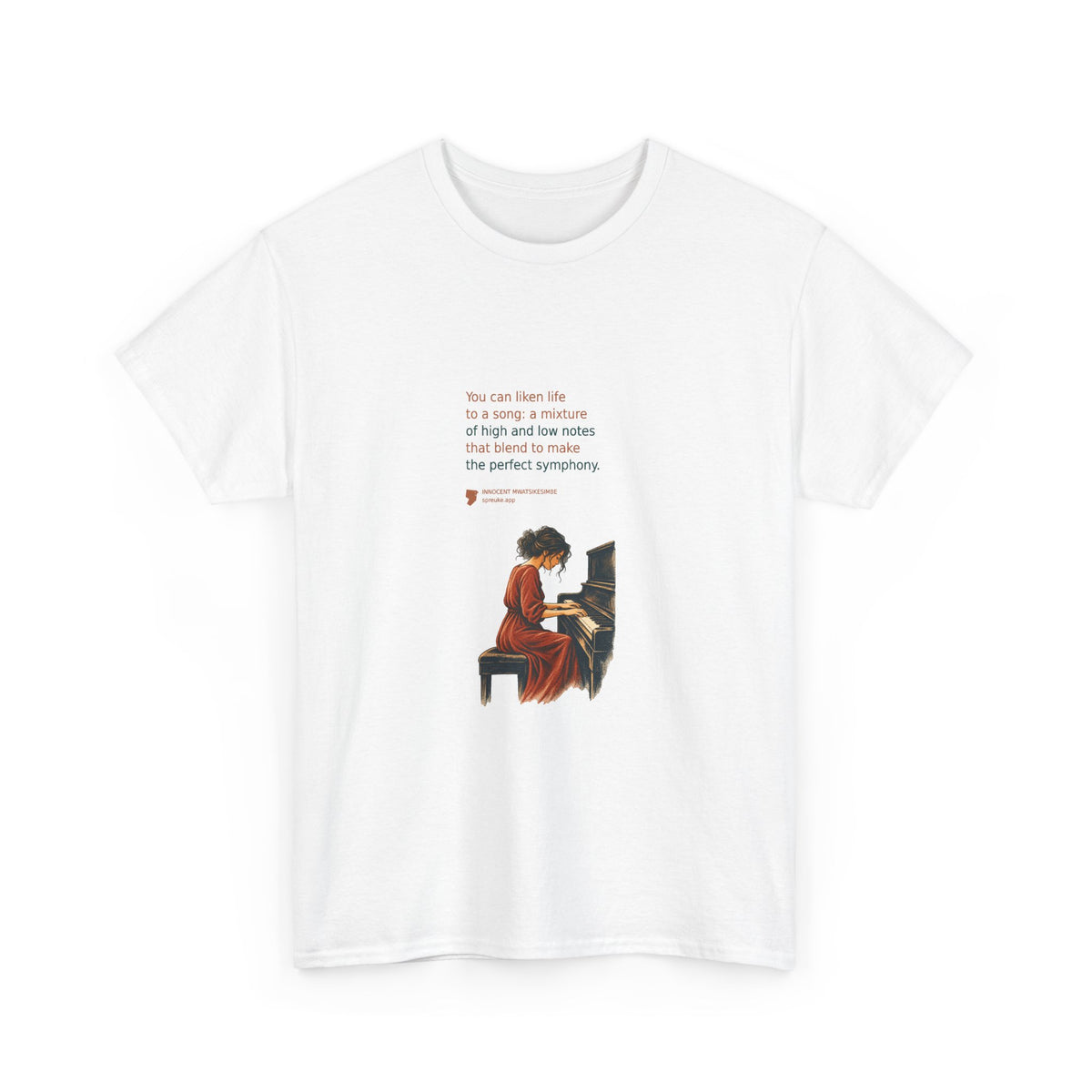 White Life as a Song T-shirt, front view, featuring an orange-clad piano player.