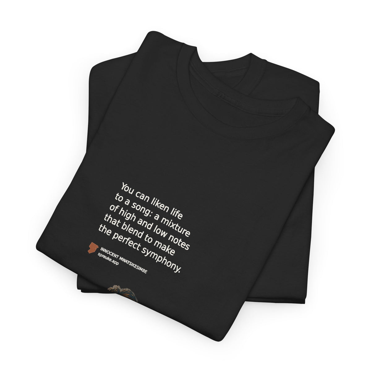 Folded black Life as a Song T-shirt showing part of the printed design.