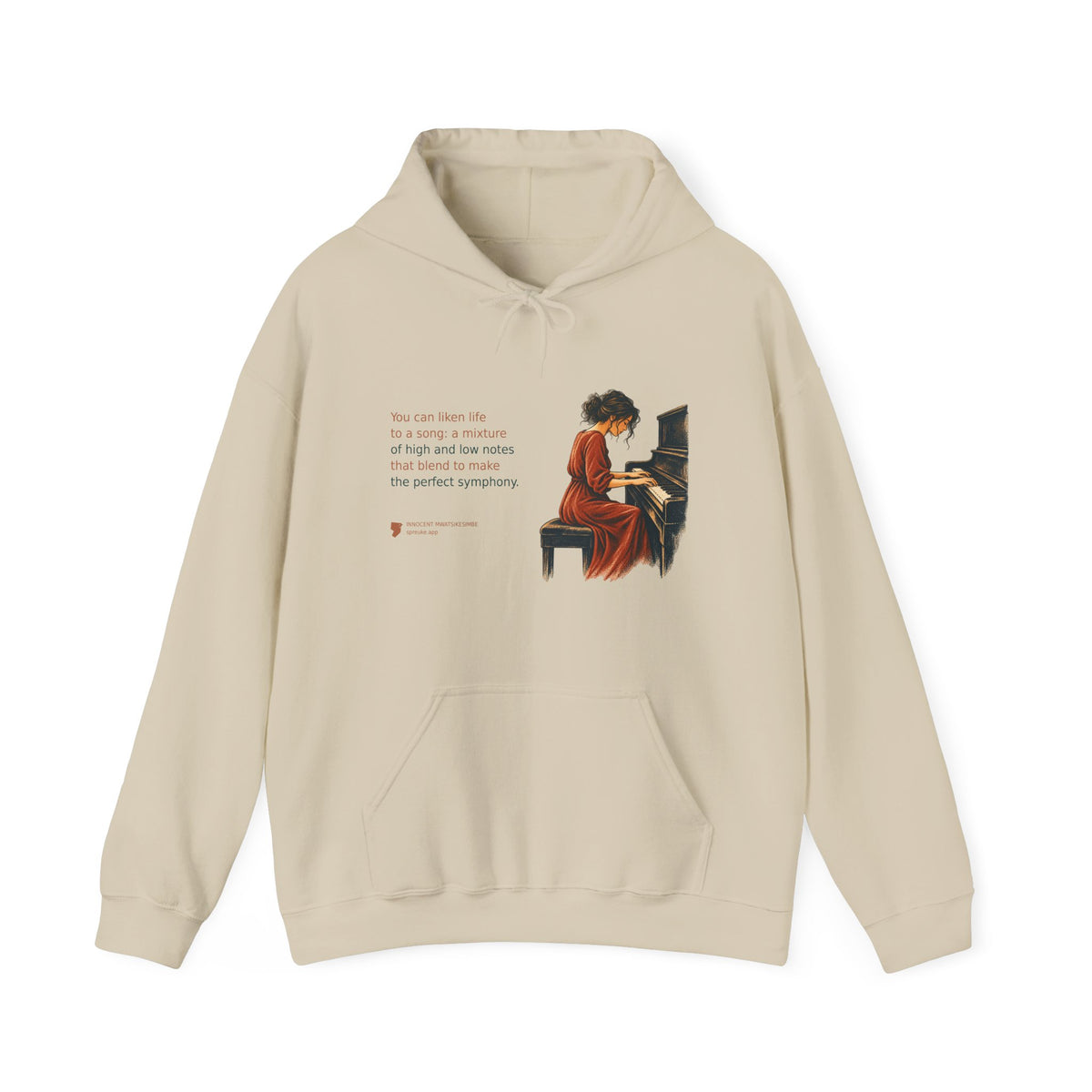 Sand Life as a Song hoodie, front view, featuring an orange-clad piano player.