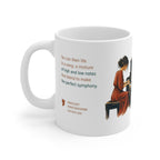 White Life as a Song mug, handle on the left, featuring an orange-clad piano player.